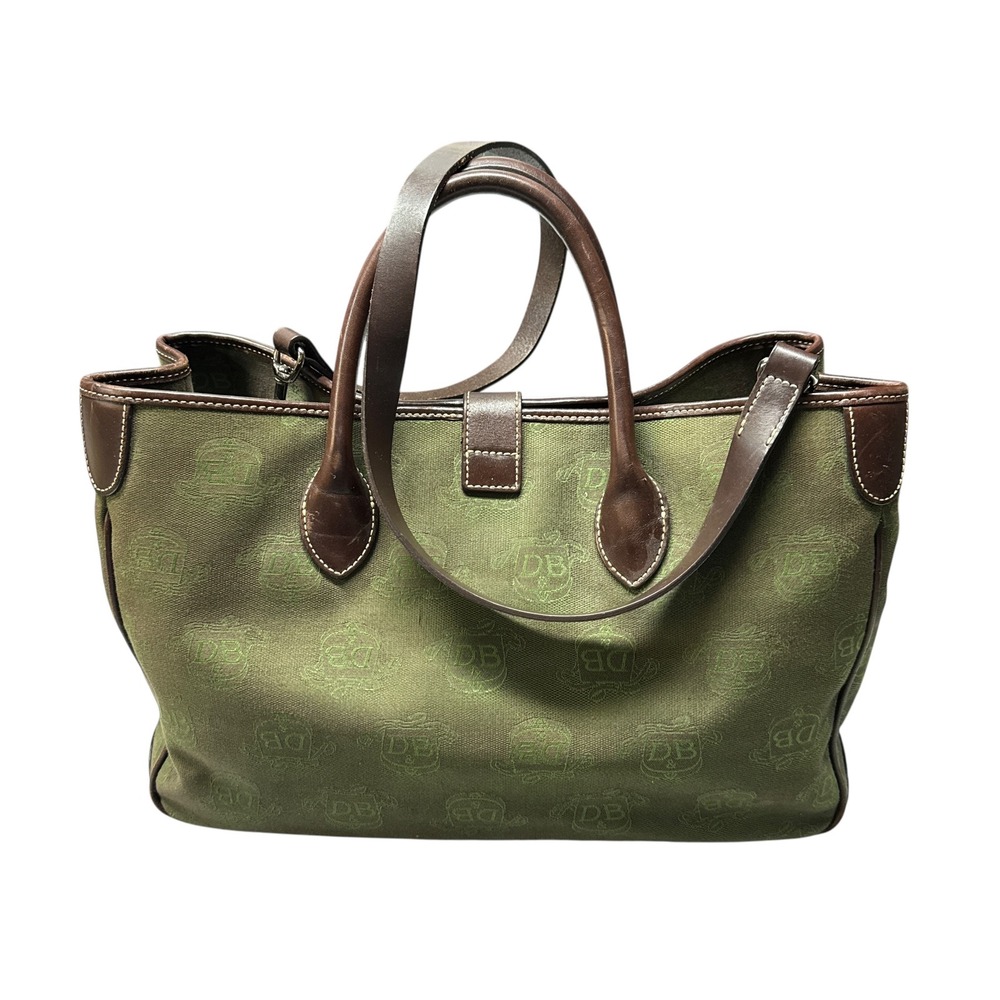 Dooney and Burke Signature Canvas Tote Bag Green Brown Leather Trim Silver - Picture 2 of 14